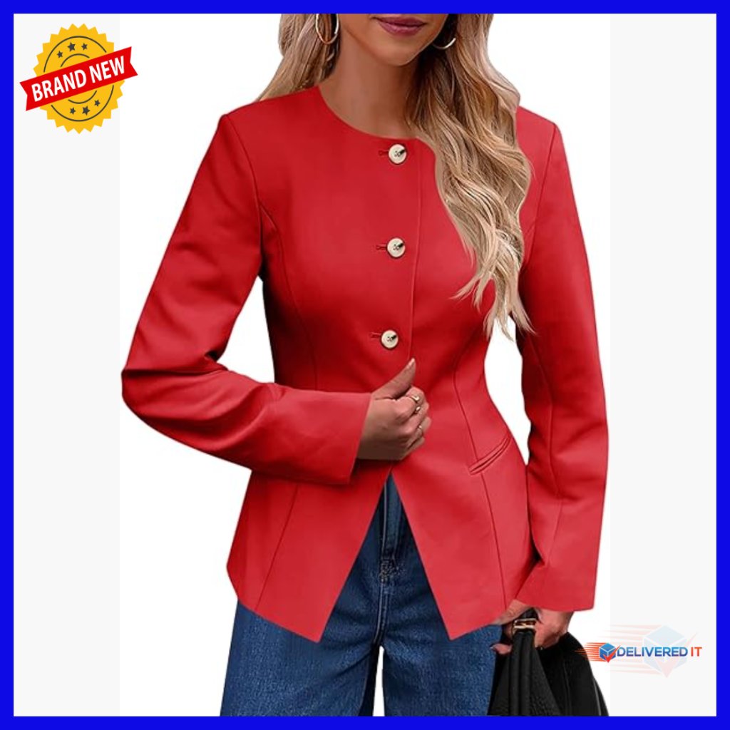 Women's Fitted Blazer Collarless Split Hem Button Down Office Jacket